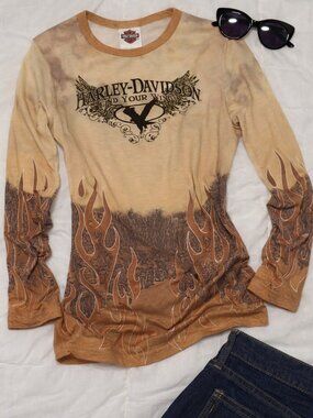 Harley Davidson Flame Long Sleeve Fitted Y2K Graphic Tee Tan Brown Small